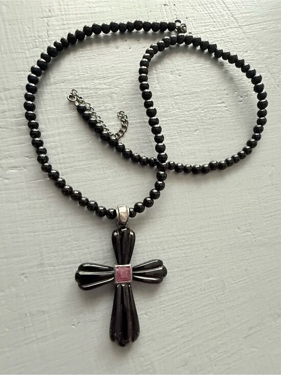 None Jewelry - 925 Sterling Silver Black Beaded Cross Necklace